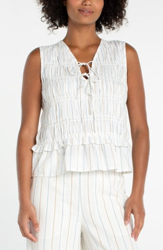 sleeveless tie front woven top w/ smocking