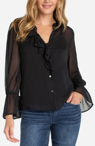 long slv ruffle front woven shirt