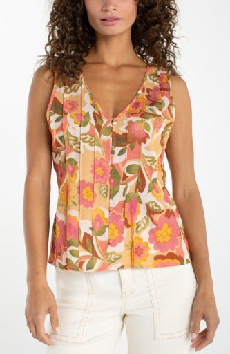 slvless v neck woven top w/pintucks