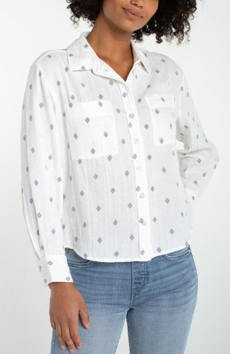 long sleeve button front shirt w/high low hem