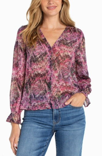 long slv bttn frnt woven top w/smocking