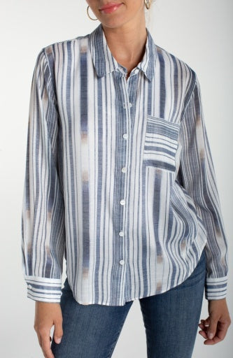 long slv btn front woven shirt w/ bk seaming