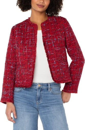 Collarless jacket w/ frayed edges - red