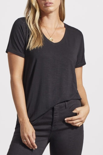 S/S V NECK TOP W/SPECIAL STITCHING-BLACK