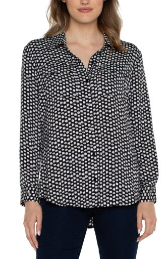 flap pocket button front woven blouse